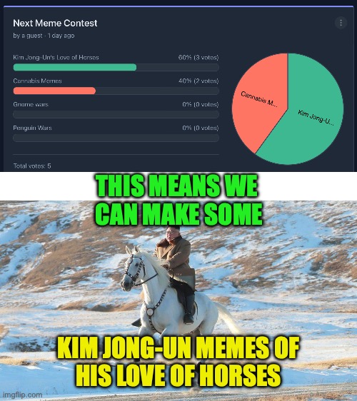 Meme contest ends around March Thursday the 30th | THIS MEANS WE 
CAN MAKE SOME; KIM JONG-UN MEMES OF
HIS LOVE OF HORSES | image tagged in kim jong-un horse,meme contest,time,meme,contest | made w/ Imgflip meme maker