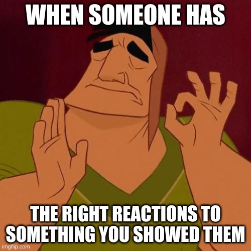 true | WHEN SOMEONE HAS; THE RIGHT REACTIONS TO SOMETHING YOU SHOWED THEM | image tagged in when x just right,meem,memes,fonnay | made w/ Imgflip meme maker