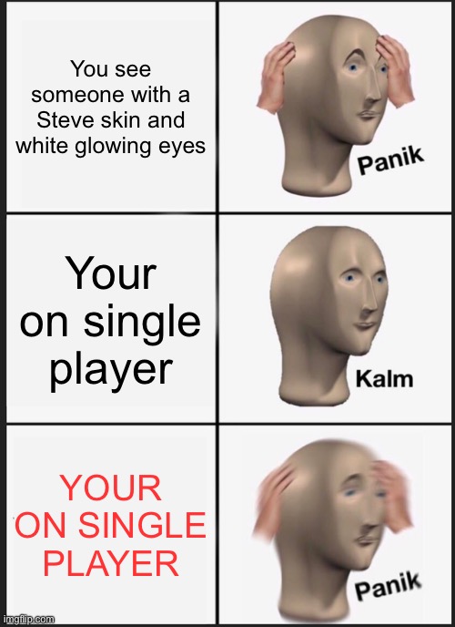 Panik Kalm Panik | You see someone with a Steve skin and white glowing eyes; Your on single player; YOUR ON SINGLE PLAYER | image tagged in memes,panik kalm panik,hero brian | made w/ Imgflip meme maker