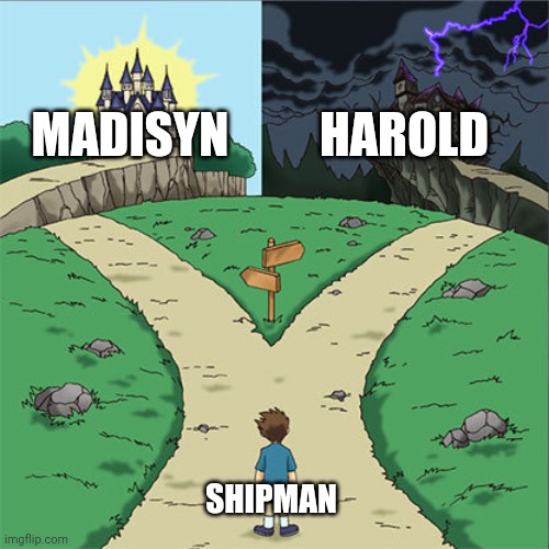 One is a very beautiful actress/singer. The other is a notorious serial killer. | MADISYN; HAROLD; SHIPMAN | image tagged in two paths | made w/ Imgflip meme maker