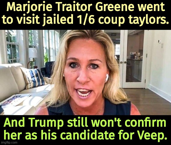 Everything she does is to attract Trump's attention. | Marjorie Traitor Greene went to visit jailed 1/6 coup taylors. And Trump still won't confirm her as his candidate for Veep. | image tagged in mtg,capitol hill,riot,insurrection,coup,traitors | made w/ Imgflip meme maker