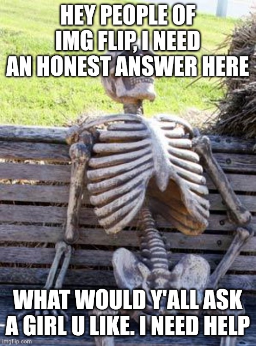 Waiting Skeleton Meme | HEY PEOPLE OF IMG FLIP, I NEED AN HONEST ANSWER HERE; WHAT WOULD Y'ALL ASK A GIRL U LIKE. I NEED HELP | image tagged in memes,waiting skeleton | made w/ Imgflip meme maker
