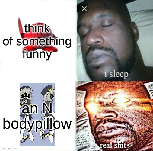 the image on the bottom i found it on google and yes it is cringe | think of something funny; an N bodypillow | image tagged in memes,sleeping shaq | made w/ Imgflip meme maker