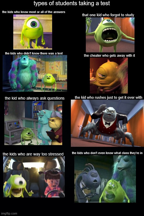 types of students taking a test | types of students taking a test; the kids who know most or all of the answers; that one kid who forgot to study; the kids who didn't know there was a test; the cheater who gets away with it; the kid who rushes just to get it over with; the kid who always ask questions; the kids who don't even know what class they're in; the kids who are way too stressed | image tagged in black background,monsters inc,school,test | made w/ Imgflip meme maker