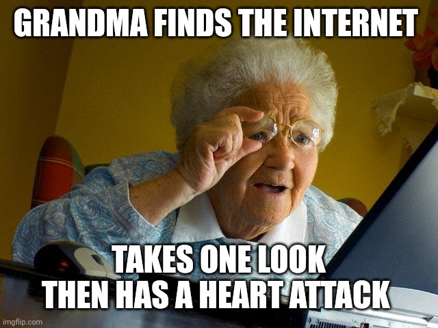 Grandma Finds The Internet | GRANDMA FINDS THE INTERNET; TAKES ONE LOOK THEN HAS A HEART ATTACK | image tagged in memes,grandma finds the internet | made w/ Imgflip meme maker