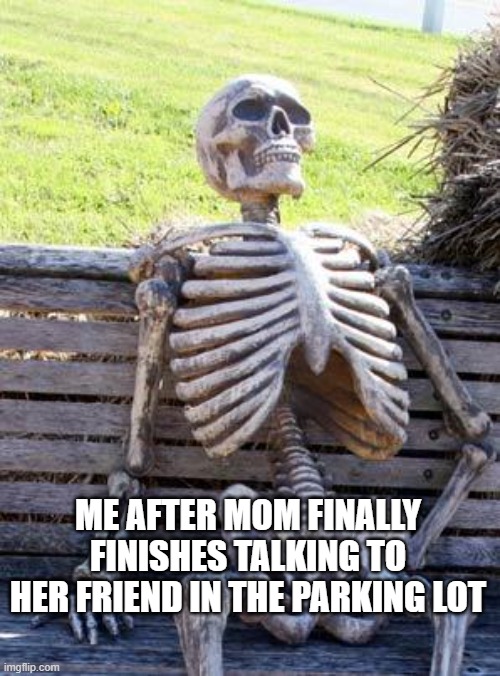 Waiting Skeleton | ME AFTER MOM FINALLY FINISHES TALKING TO HER FRIEND IN THE PARKING LOT | image tagged in memes,waiting skeleton | made w/ Imgflip meme maker