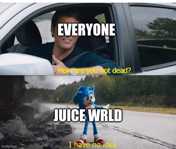 He actuality posted a new album! | EVERYONE; JUICE WRLD | image tagged in sonic how are you not dead,juice wrld | made w/ Imgflip meme maker