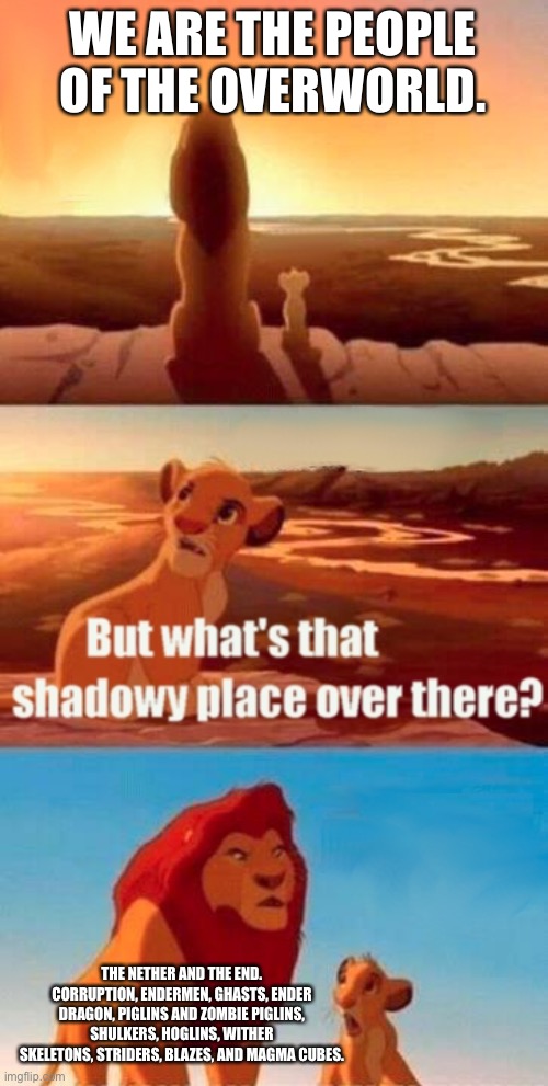 Simba Shadowy Place Meme | WE ARE THE PEOPLE OF THE OVERWORLD. THE NETHER AND THE END. CORRUPTION, ENDERMEN, GHASTS, ENDER DRAGON, PIGLINS AND ZOMBIE PIGLINS, SHULKERS, HOGLINS, WITHER SKELETONS, STRIDERS, BLAZES, AND MAGMA CUBES. | image tagged in memes,simba shadowy place | made w/ Imgflip meme maker