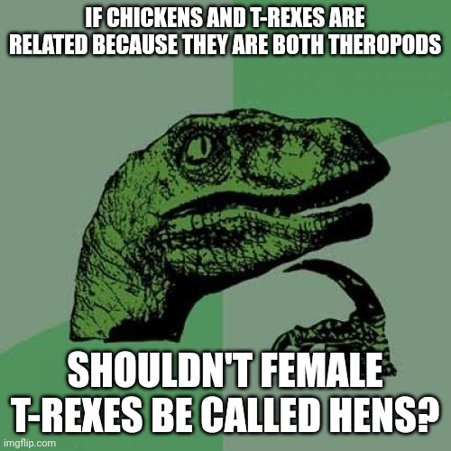 Tyrannosaur hens | IF CHICKENS AND T-REXES ARE RELATED BECAUSE THEY ARE BOTH THEROPODS; SHOULDN'T FEMALE T-REXES BE CALLED HENS? | image tagged in memes,philosoraptor,jurassic park,jurassicparkfan102504,jpfan102504 | made w/ Imgflip meme maker