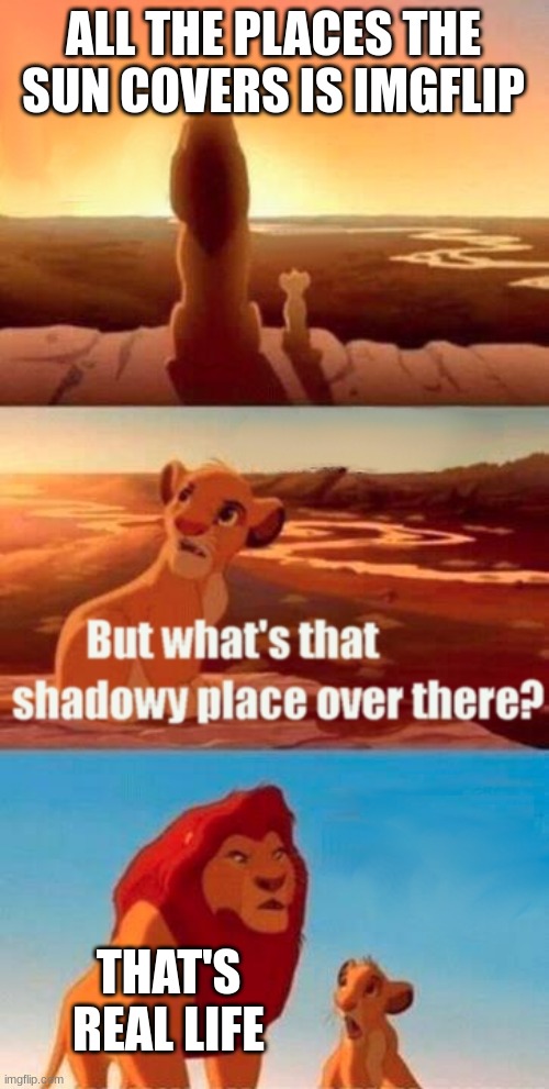 real life | ALL THE PLACES THE SUN COVERS IS IMGFLIP; THAT'S REAL LIFE | image tagged in memes,simba shadowy place | made w/ Imgflip meme maker