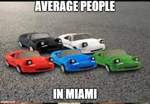 miata and miami | AVERAGE PEOPLE; IN MIAMI | image tagged in funny | made w/ Imgflip meme maker