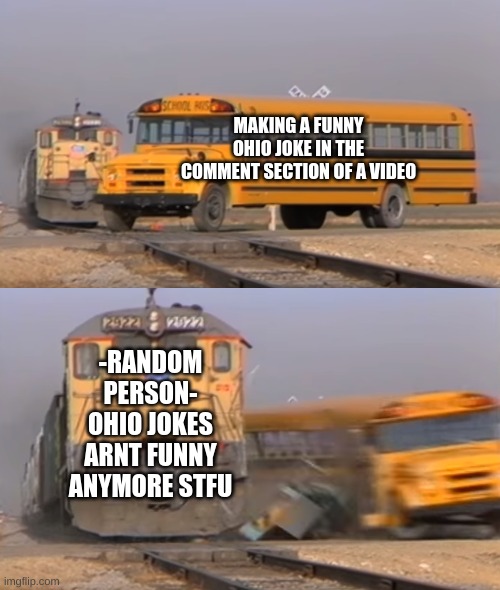 :( | MAKING A FUNNY OHIO JOKE IN THE COMMENT SECTION OF A VIDEO; -RANDOM PERSON- OHIO JOKES ARNT FUNNY ANYMORE STFU | image tagged in a train hitting a school bus | made w/ Imgflip meme maker