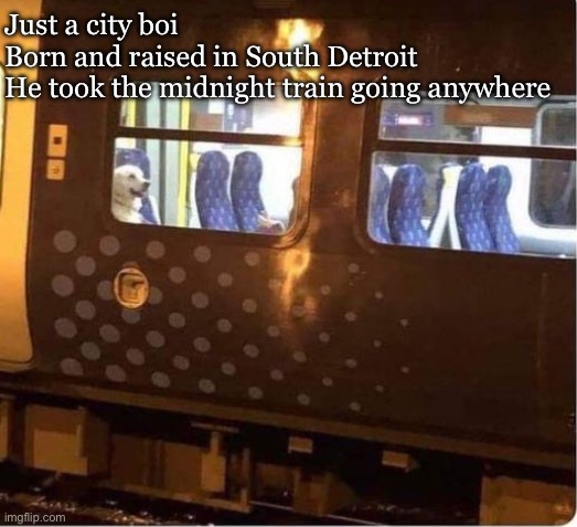 Don’t stop believing | Just a city boi
Born and raised in South Detroit
He took the midnight train going anywhere | image tagged in journey,train,midnight,believe | made w/ Imgflip meme maker