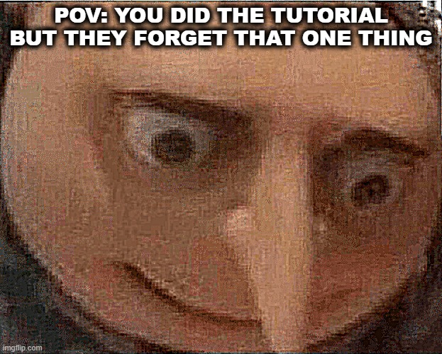 oh dang | POV: YOU DID THE TUTORIAL BUT THEY FORGET THAT ONE THING | image tagged in uh oh gru | made w/ Imgflip meme maker