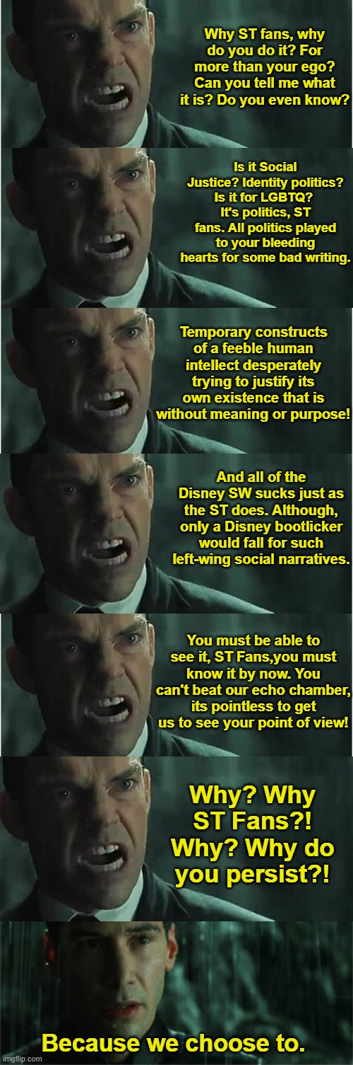 You choose to hate or love something for what it is. Hate leads to the dark side. | Why ST fans, why do you do it? For more than your ego? Can you tell me what it is? Do you even know? Is it Social Justice? Identity politics? Is it for LGBTQ? 
It's politics, ST fans. All politics played to your bleeding hearts for some bad writing. Temporary constructs of a feeble human intellect desperately trying to justify its own existence that is without meaning or purpose! And all of the Disney SW sucks just as the ST does. Although, only a Disney bootlicker would fall for such left-wing social narratives. You must be able to see it, ST Fans,you must know it by now. You can't beat our echo chamber, its pointless to get us to see your point of view! Why? Why ST Fans?! Why? Why do you persist?! Because we choose to. | image tagged in why mr anderson | made w/ Imgflip meme maker