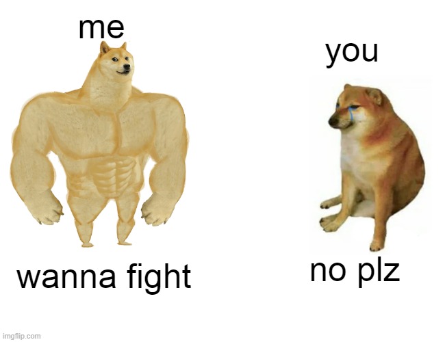 Buff Doge vs. Cheems | me; you; no plz; wanna fight | image tagged in memes,buff doge vs cheems | made w/ Imgflip meme maker