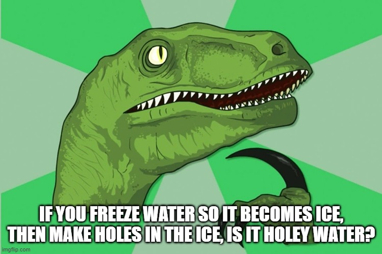 new philosoraptor | IF YOU FREEZE WATER SO IT BECOMES ICE, THEN MAKE HOLES IN THE ICE, IS IT HOLEY WATER? | image tagged in new philosoraptor | made w/ Imgflip meme maker