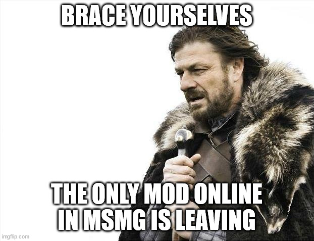 gn | BRACE YOURSELVES; THE ONLY MOD ONLINE IN MSMG IS LEAVING | image tagged in memes,brace yourselves x is coming | made w/ Imgflip meme maker