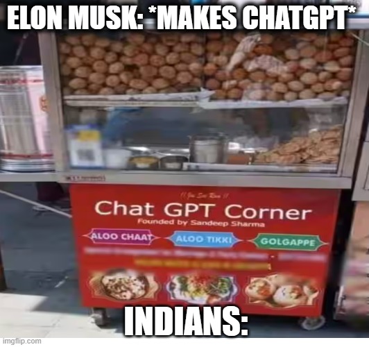 very nice chaat gpt | ELON MUSK: *MAKES CHATGPT*; INDIANS: | image tagged in fun,robots | made w/ Imgflip meme maker