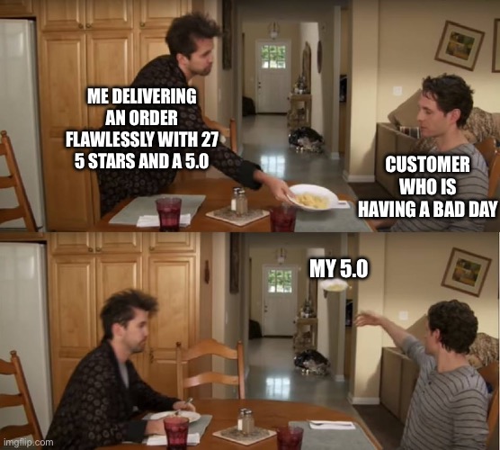 Instacart customers | ME DELIVERING AN ORDER FLAWLESSLY WITH 27 5 STARS AND A 5.0; CUSTOMER WHO IS HAVING A BAD DAY; MY 5.0 | image tagged in dennis throwing plate,shopping,customers | made w/ Imgflip meme maker