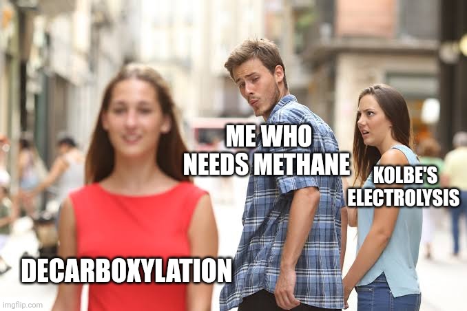 KOLBE'S ELECTROLYSIS; ME WHO NEEDS METHANE; DECARBOXYLATION | made w/ Imgflip meme maker