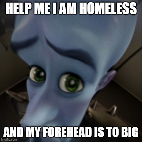 My forehead | HELP ME I AM HOMELESS; AND MY FOREHEAD IS TO BIG | image tagged in megamind peeking | made w/ Imgflip meme maker
