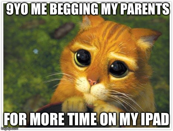 Please pwease | 9YO ME BEGGING MY PARENTS; FOR MORE TIME ON MY IPAD | image tagged in memes,shrek cat | made w/ Imgflip meme maker