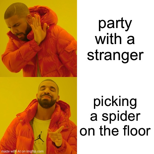 Drake Hotline Bling Meme | party with a stranger; picking a spider on the floor | image tagged in memes,drake hotline bling | made w/ Imgflip meme maker