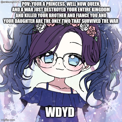 Normal rules apply | POV: YOUR A PRINCESS, WELL NOW QUEEN, AND A WAR JUST DESTROYED YOUR ENTIRE KINGDOM AND KILLED YOUR BROTHER AND FIANCE YOU AND YOUR DAUGHTER ARE THE ONLY TWO THAT SURVIVED THE WAR; WDYD | image tagged in roleplaying | made w/ Imgflip meme maker