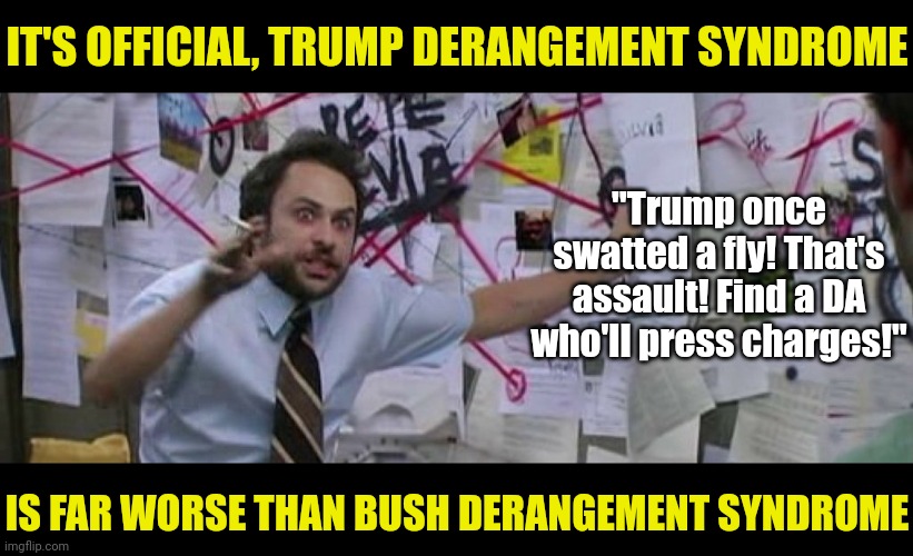 Many of you are too young to remember Bush Derangement Syndrome, but its nothing on Trump Derangement Syndrome | IT'S OFFICIAL, TRUMP DERANGEMENT SYNDROME; "Trump once swatted a fly! That's assault! Find a DA who'll press charges!"; IS FAR WORSE THAN BUSH DERANGEMENT SYNDROME | image tagged in crazy conspiracy theory map guy,democrats,george bush,donald trump,stupid liberals,insanity | made w/ Imgflip meme maker