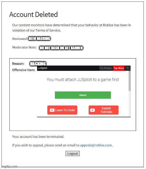 banned from ROBLOX | BEEN HACKING; DO NOT HACK OR GET BANNED; HACKING | image tagged in banned from roblox,memes | made w/ Imgflip meme maker