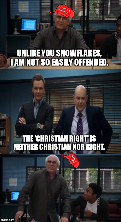 MAGA Snowflake | UNLIKE YOU SNOWFLAKES, I AM NOT SO EASILY OFFENDED. THE 'CHRISTIAN RIGHT' IS NEITHER CHRISTIAN NOR RIGHT. | image tagged in maga snowflake | made w/ Imgflip meme maker