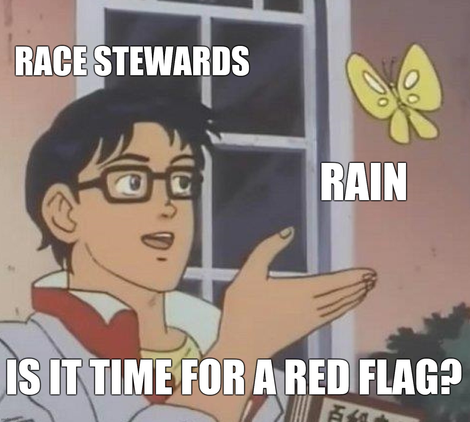 Is This A Pigeon Meme | RACE STEWARDS; RAIN; IS IT TIME FOR A RED FLAG? | image tagged in memes,is this a pigeon,formula 1 | made w/ Imgflip meme maker