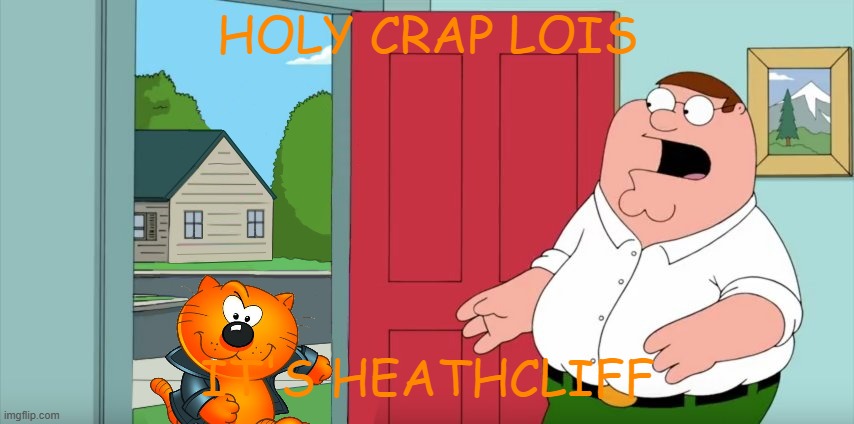 peter griffin meets heathcliff | HOLY CRAP LOIS; IT'S HEATHCLIFF | image tagged in holy crap lois its x,heathcliff,cats,crossover | made w/ Imgflip meme maker