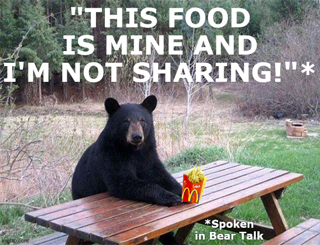 The Bear Helps Itself to French Fries at a Picnic Table | *Spoken in Bear Talk | image tagged in bear,picnic table,french fries,bears,funny,memes | made w/ Imgflip meme maker