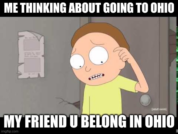 morty: ah geez rick | ME THINKING ABOUT GOING TO OHIO; MY FRIEND U BELONG IN OHIO | image tagged in morty ah geez rick | made w/ Imgflip meme maker