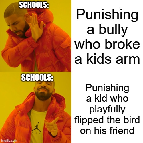 Drake Hotline Bling Meme | SCHOOLS:; Punishing a bully who broke a kids arm; SCHOOLS:; Punishing a kid who playfully flipped the bird on his friend | image tagged in memes,drake hotline bling | made w/ Imgflip meme maker