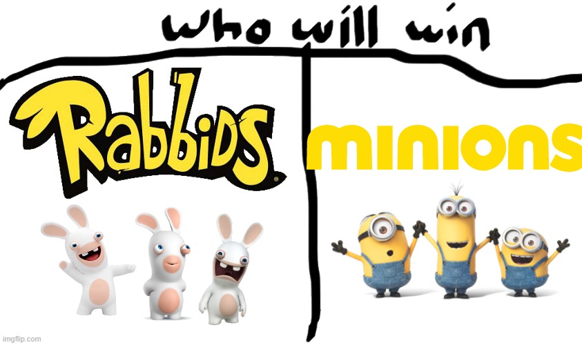 rabbids vs minions | image tagged in who will win,ubisoft,illumination,universal studios,crossover | made w/ Imgflip meme maker
