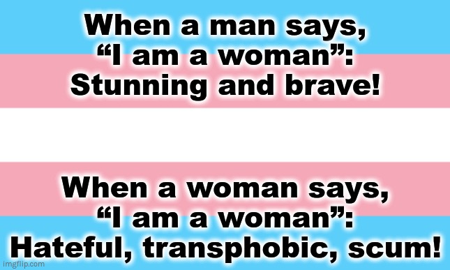 The real difference between men and women | When a man says,
“I am a woman”:
Stunning and brave! When a woman says,
“I am a woman”:
Hateful, transphobic, scum! | image tagged in trans flag,hypocrisy,leftists | made w/ Imgflip meme maker