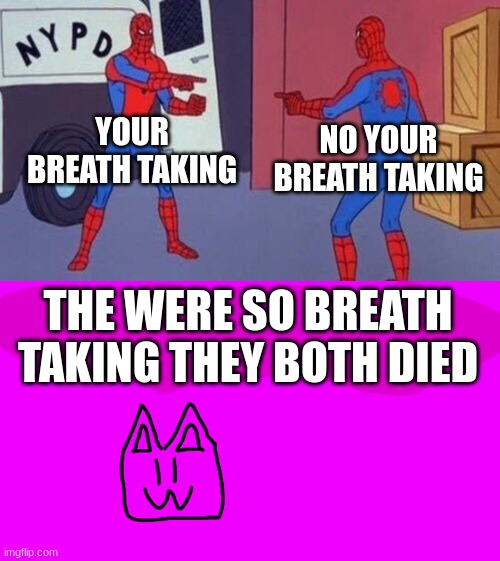 Big Oopsie... | YOUR BREATH TAKING; NO YOUR BREATH TAKING; THE WERE SO BREATH TAKING THEY BOTH DIED | image tagged in spiderman pointing at spiderman | made w/ Imgflip meme maker