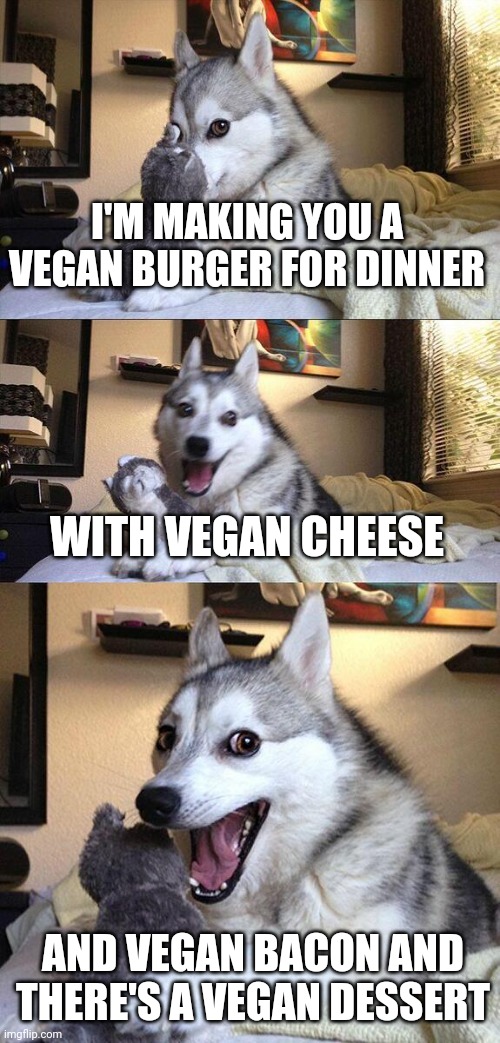 No Non-human Animals Harmed | I'M MAKING YOU A VEGAN BURGER FOR DINNER; WITH VEGAN CHEESE; AND VEGAN BACON AND THERE'S A VEGAN DESSERT | image tagged in memes,bad pun dog | made w/ Imgflip meme maker