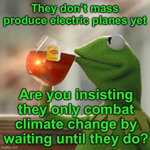 But That's None Of My Business Meme | They don’t mass produce electric planes yet Are you insisting they only combat climate change by waiting until they do? | image tagged in memes,but that's none of my business,kermit the frog | made w/ Imgflip meme maker