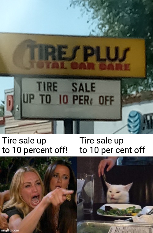 Tire sale up to 10 percent off! Tire sale up to 10 per cent off | image tagged in memes,woman yelling at cat | made w/ Imgflip meme maker