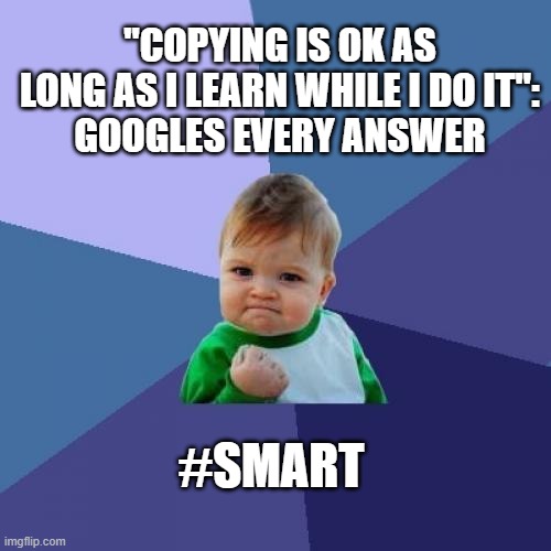 trying to survive school as a dumbass #not success kid | "COPYING IS OK AS LONG AS I LEARN WHILE I DO IT":
GOOGLES EVERY ANSWER; #SMART | image tagged in memes,success kid | made w/ Imgflip meme maker