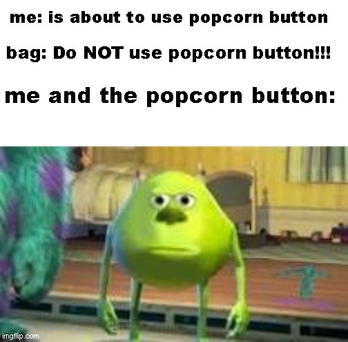 why the hell is it there then?? | me: is about to use popcorn button; bag: Do NOT use popcorn button!!! me and the popcorn button: | image tagged in mike w | made w/ Imgflip meme maker