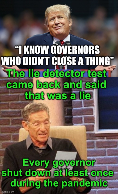Already rewriting history again.MAGA=ARHA | “I KNOW GOVERNORS WHO DIDN’T CLOSE A THING”; The lie detector test 
came back and said 
that was a lie; Every governor shut down at least once 
during the pandemic | image tagged in trump shrug,maury lie detector,covid,shutdown,trump lies again,trump lies | made w/ Imgflip meme maker