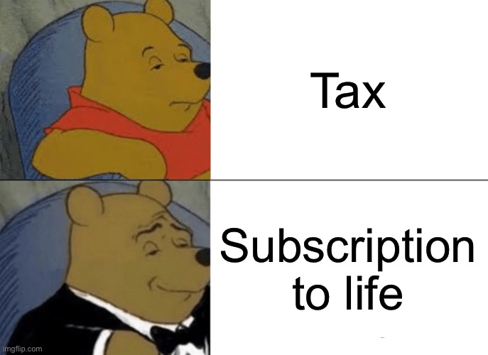 Tuxedo Winnie The Pooh | Tax; Subscription to life | image tagged in memes,tuxedo winnie the pooh | made w/ Imgflip meme maker