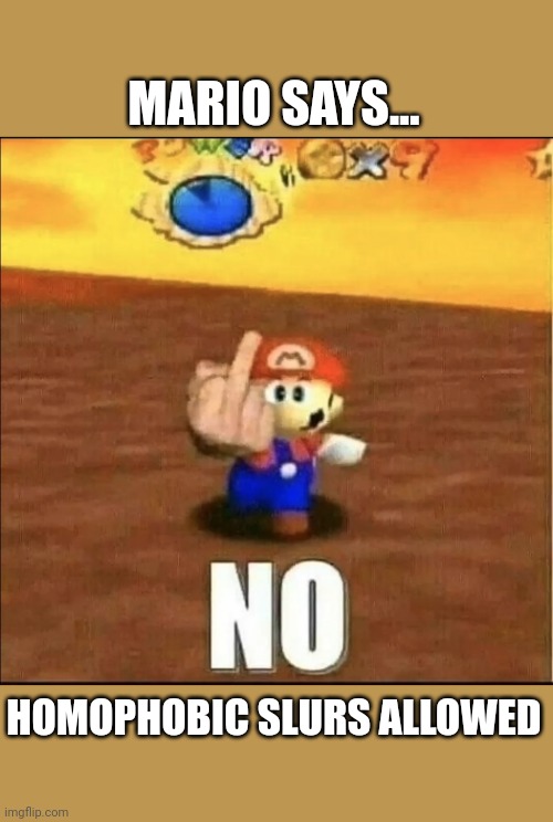 Mario Flips You Off | HOMOPHOBIC SLURS ALLOWED MARIO SAYS... | image tagged in mario flips you off | made w/ Imgflip meme maker