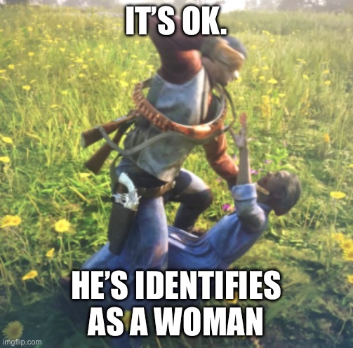 Man Punching Old woman | IT’S OK. HE’S IDENTIFIES  AS A WOMAN | image tagged in man punching old woman,transgender | made w/ Imgflip meme maker
