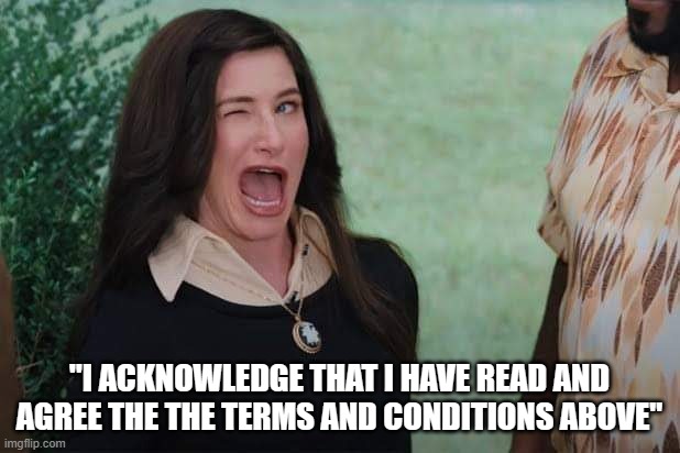 Ofc we've read it... ;) | "I ACKNOWLEDGE THAT I HAVE READ AND AGREE THE THE TERMS AND CONDITIONS ABOVE" | image tagged in wandavision agnes wink | made w/ Imgflip meme maker